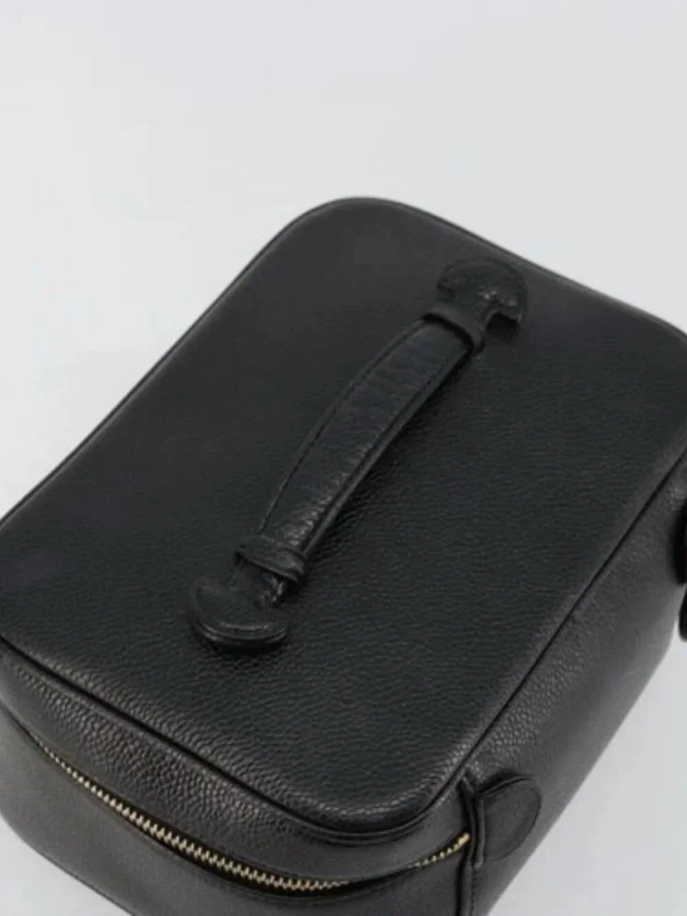 CHANEL Vanity Pouch Grained Calf Skin Black Gold CC Auth bs34489